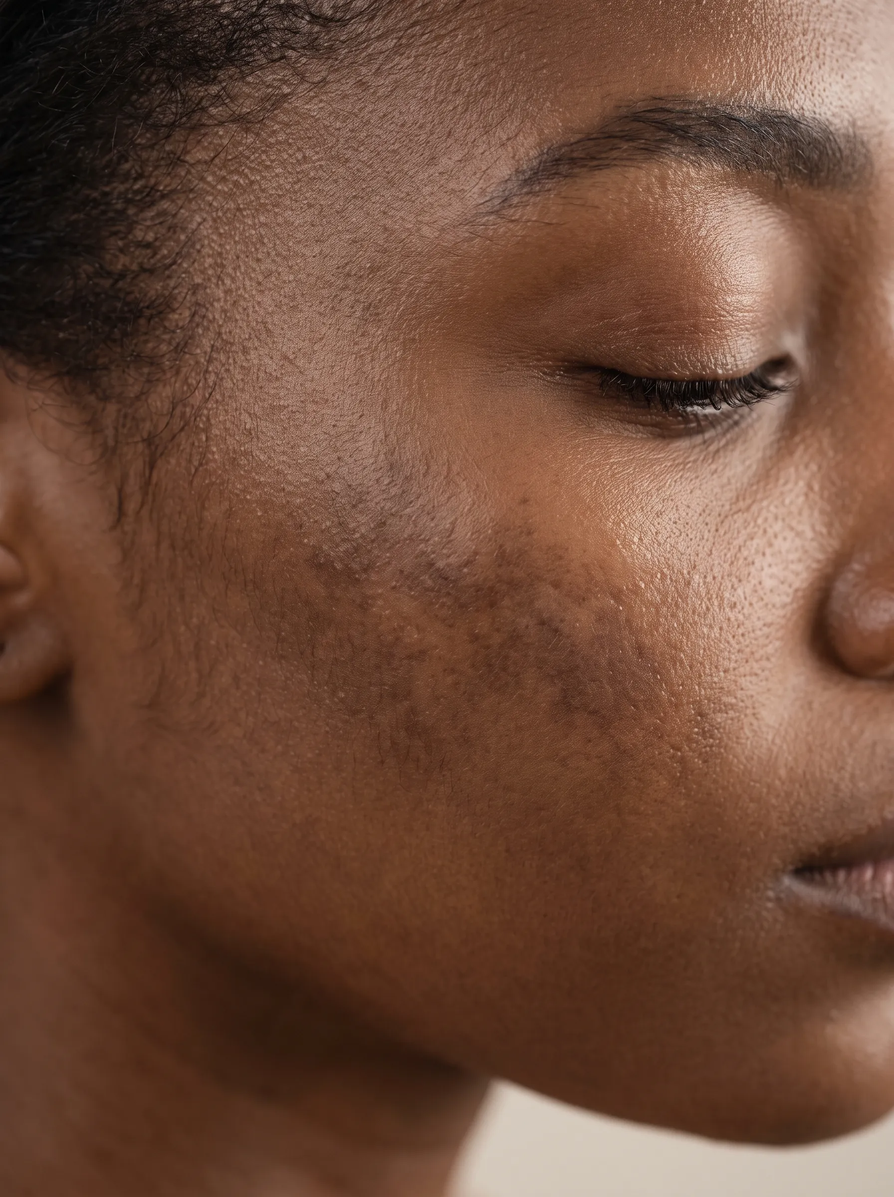 Portrait in dry, warm light with visible natural skin texture